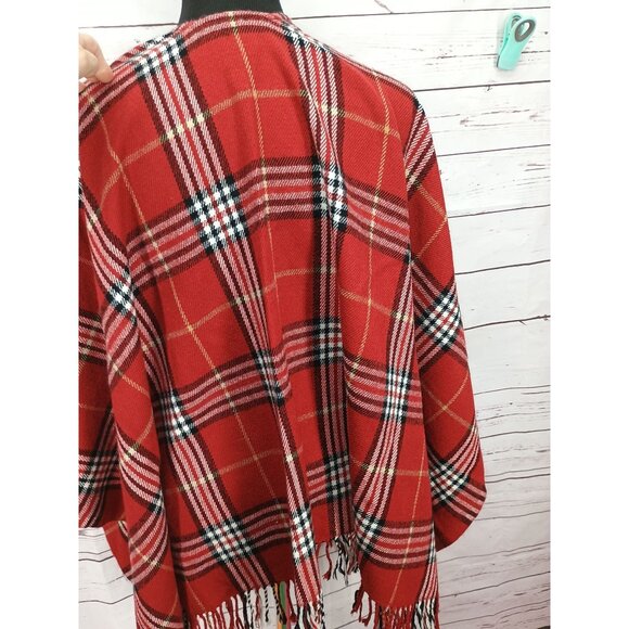 V FRAAS Women’s Red Tartan Plaid Fringe Wrap Scarf Poncho Topper Germany Made OS - Picture 4 of 7